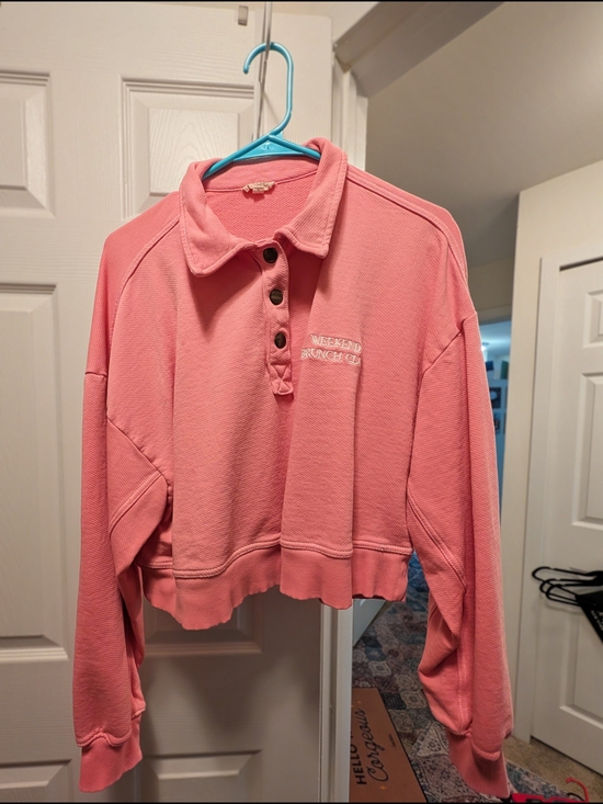 By Anthropologie Tops - Anthropologie Weekend Brunch Club Light Pink Cropped Polo Sweatshirt